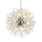 Product shot of this Clérachic chandelier in a chrome finish, its ceiling rose and cord shown above the full sphere of branches.