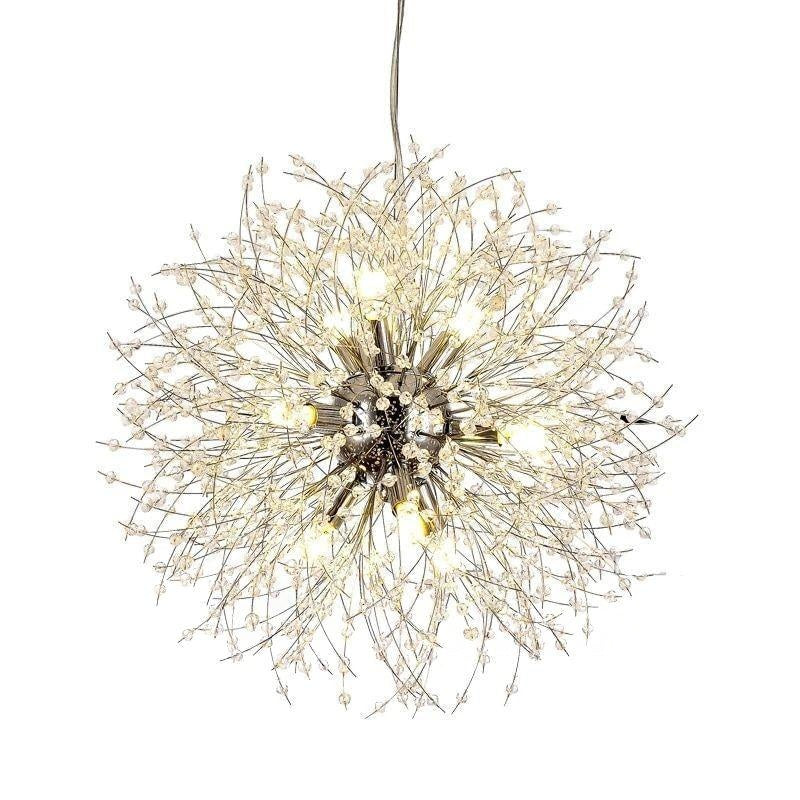 Product shot of this Clérachic chandelier in a chrome finish, its ceiling rose and cord shown above the full sphere of branches.