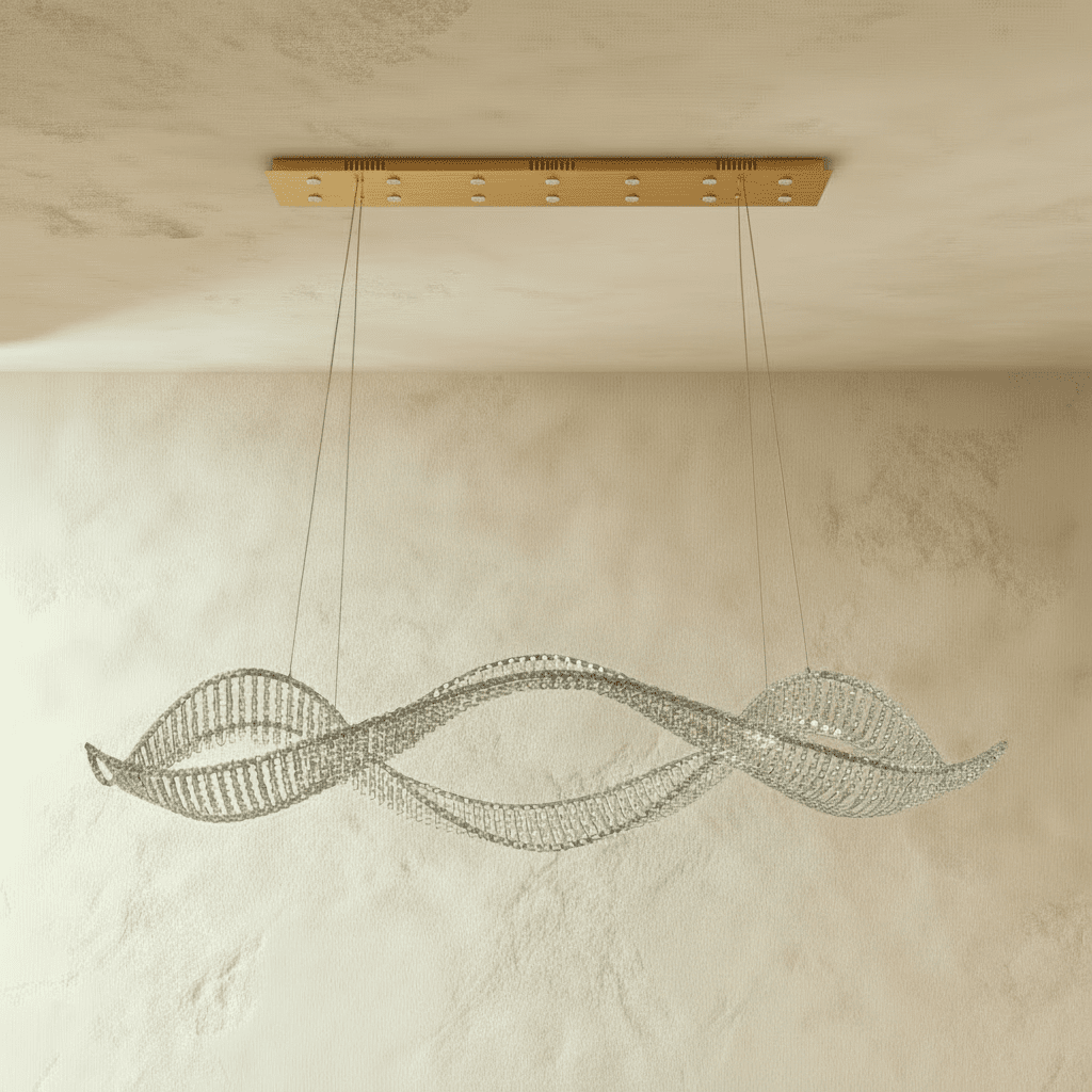 Clérachic crystal ribbon chandelier with a brushed gold ceiling plate, its strands of crystals twisting in waves beneath the ceiling.