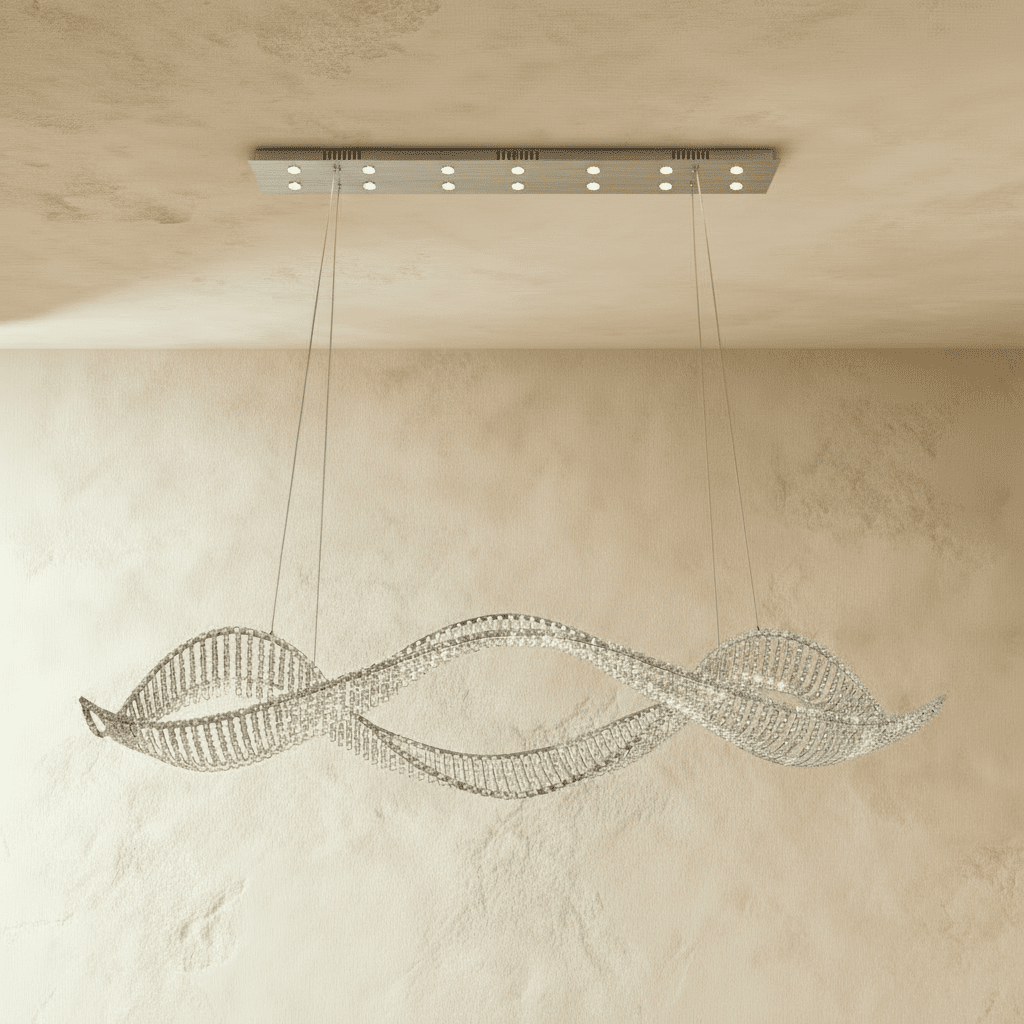 Clérachic twisting crystal chandelier with a polished chrome ceiling plate and fine suspension cables against a plaster wall.