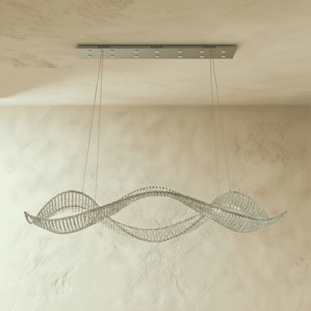Clérachic chrome-plated ribbon chandelier, rows of clear crystals spiralling in a long wave below a slim rectangular canopy.