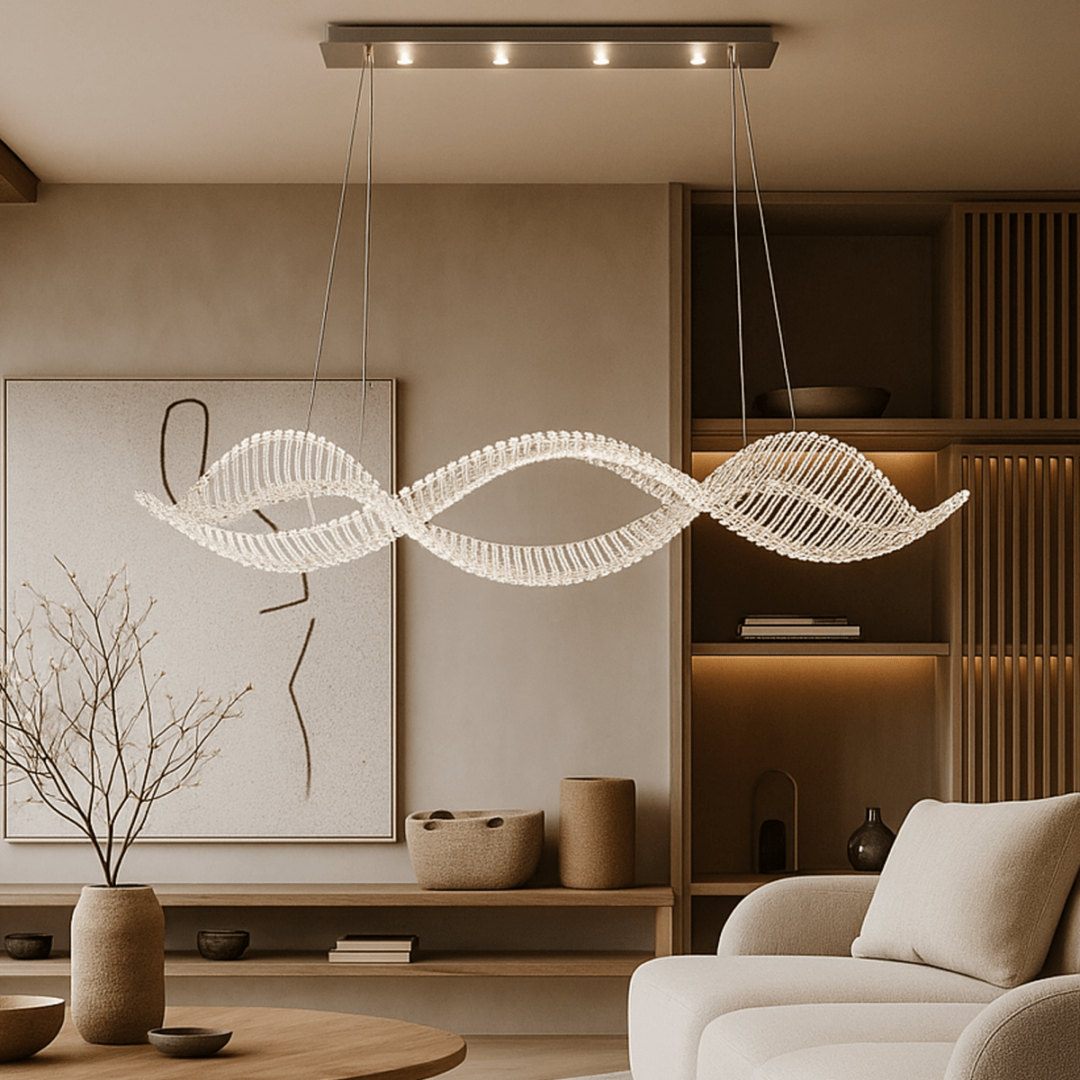Clérachic crystal ribbon chandelier glowing above a low round table in a calm living room with oak shelving and a cream sofa.