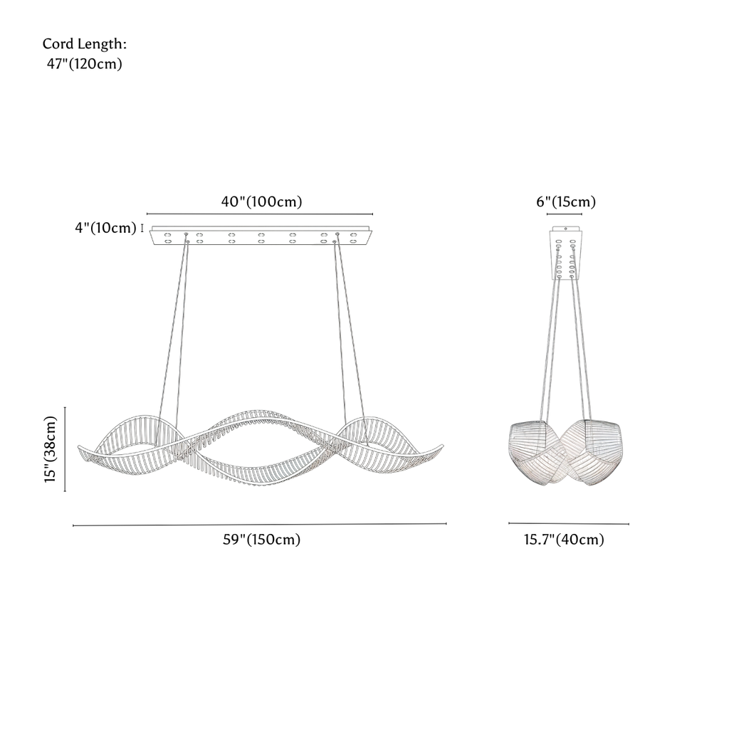 Clérachic chandelier dimension drawing, 150 cm, every measurement marked in centimetres and inches.