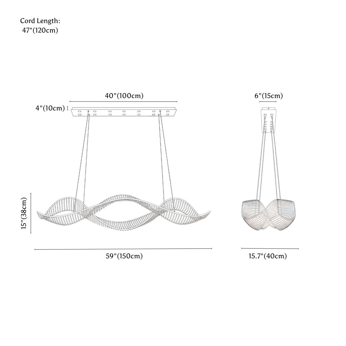 Clérachic chandelier dimension drawing, 150 cm, every measurement marked in centimetres and inches.