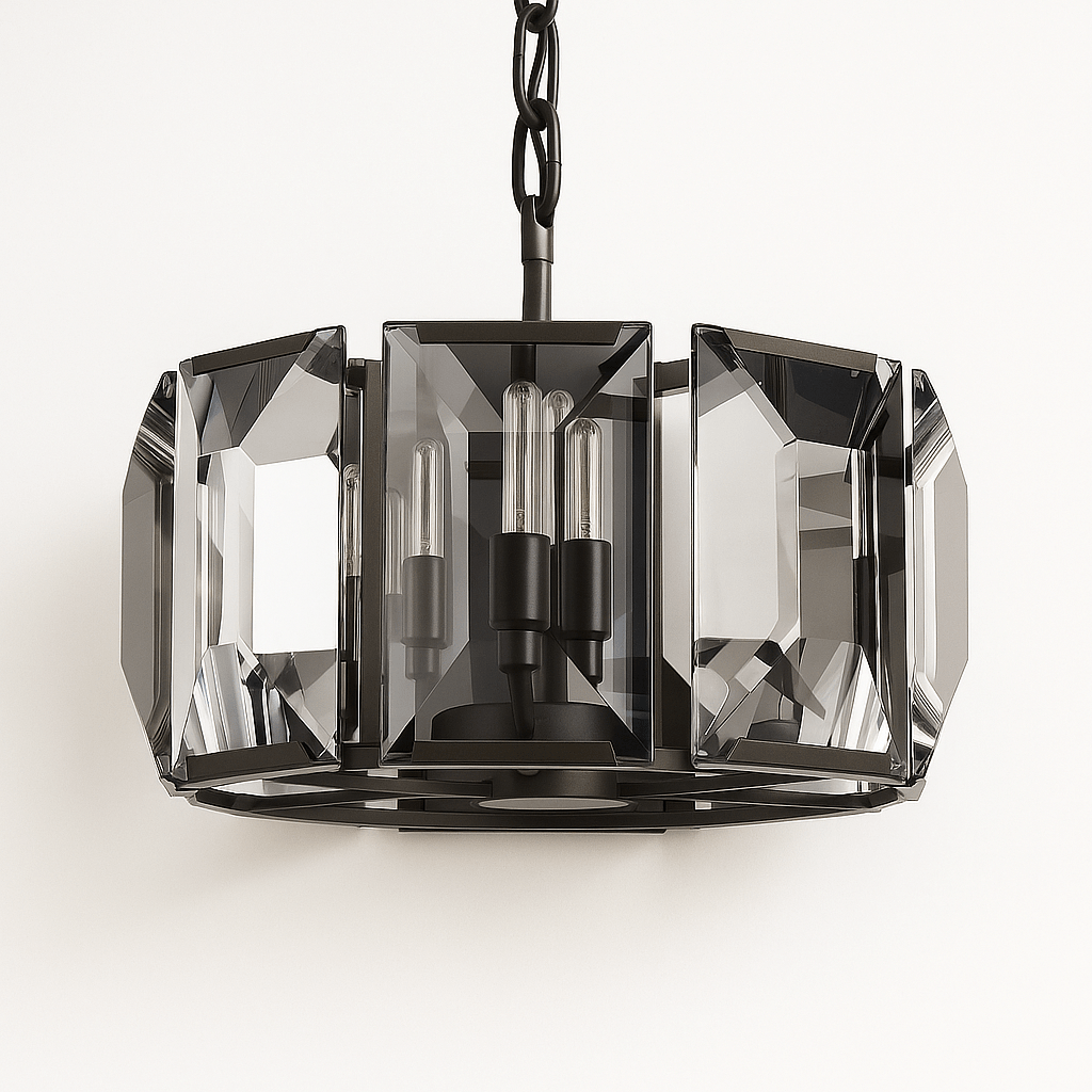 Clérachic round chandelier with smoky faceted crystal panes in a matte black frame, hung on a black chain against a pale wall.