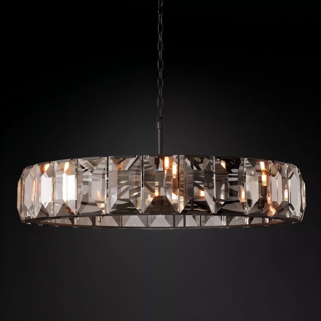 Clérachic blackened-metal ring chandelier with smoky faceted crystal panes and warm bulbs glowing against a black backdrop.
