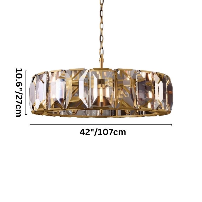 Clérachic brass ring chandelier with a dimension drawing: 27 cm high and 107 cm wide, shown on white.