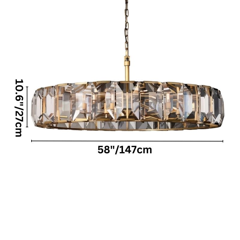 Clérachic large brass ring chandelier with a dimension drawing: 27 cm high and 147 cm wide, shown on white.