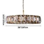 Clérachic large brass ring chandelier with a dimension drawing: 27 cm high and 147 cm wide, shown on white.