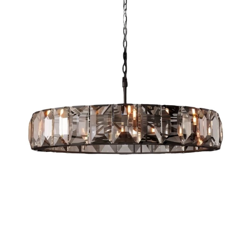 Clérachic black-framed ring chandelier of smoky faceted crystal panes on a black chain, shown on a white background.