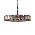 Clérachic black-framed ring chandelier of smoky faceted crystal panes on a black chain, shown on a white background.