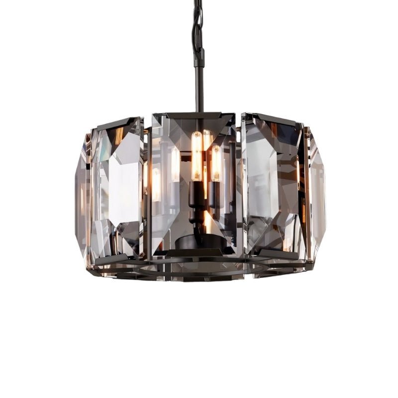 Clérachic compact black drum chandelier with smoky bevelled crystal panes and filament bulbs, on a white background.
