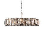 Clérachic polished steel ring chandelier with clear faceted crystal panes on a steel chain, shown on a white background.