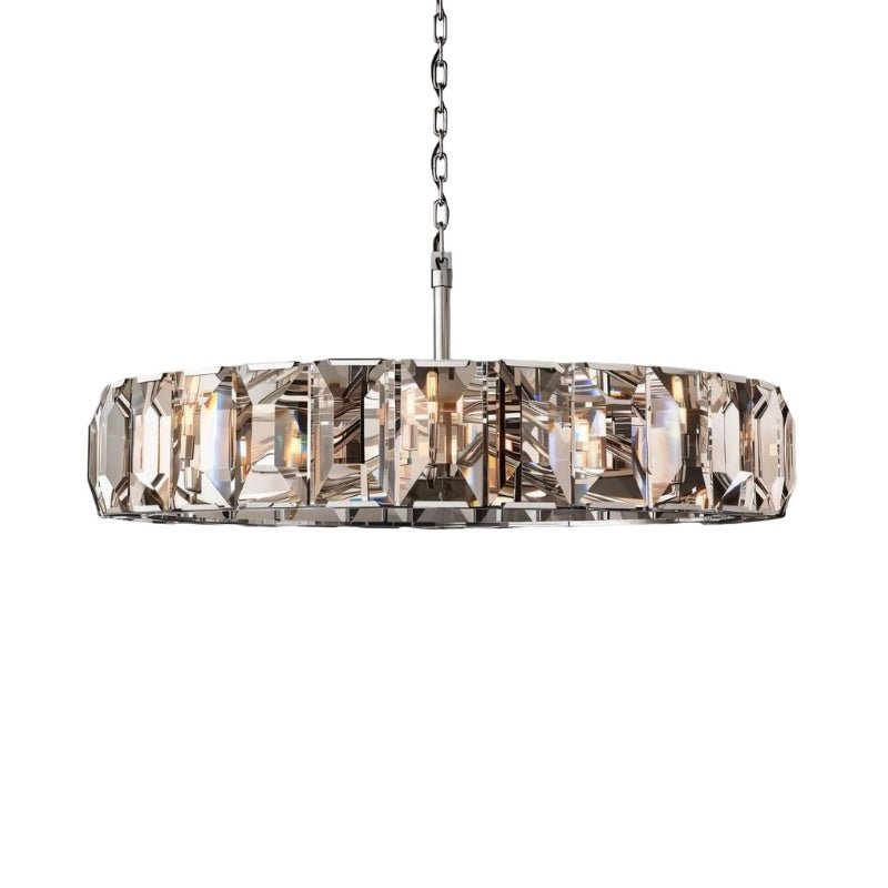 Clérachic polished steel ring chandelier with clear faceted crystal panes on a steel chain, shown on a white background.