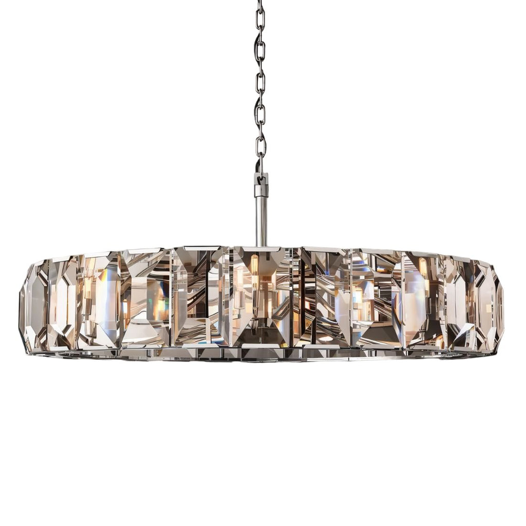 Clérachic large polished steel ring chandelier of faceted crystal panes, steel rod and chain, on a white background.