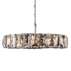 Clérachic large polished steel ring chandelier of faceted crystal panes, steel rod and chain, on a white background.