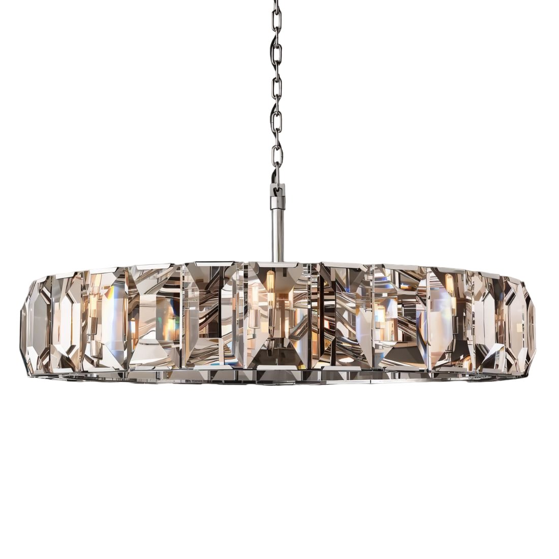 Clérachic large polished steel ring chandelier of faceted crystal panes, steel rod and chain, on a white background.