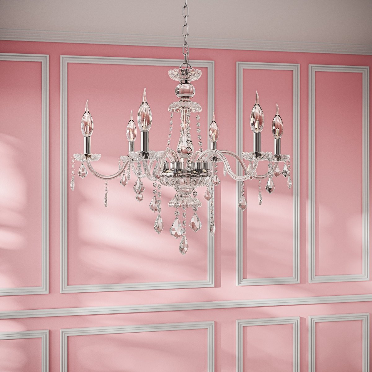 Clérachic six-light crystal chandelier in a silver finish with candle bulbs, hanging on a chain in a pink panelled room.