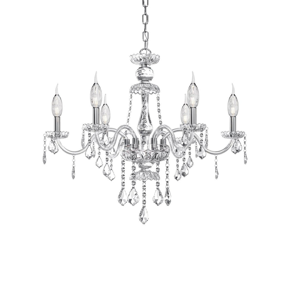 Clérachic six-light silver chandelier with curved glass arms, candle bulbs and crystal drops, shown on a white studio backdrop.