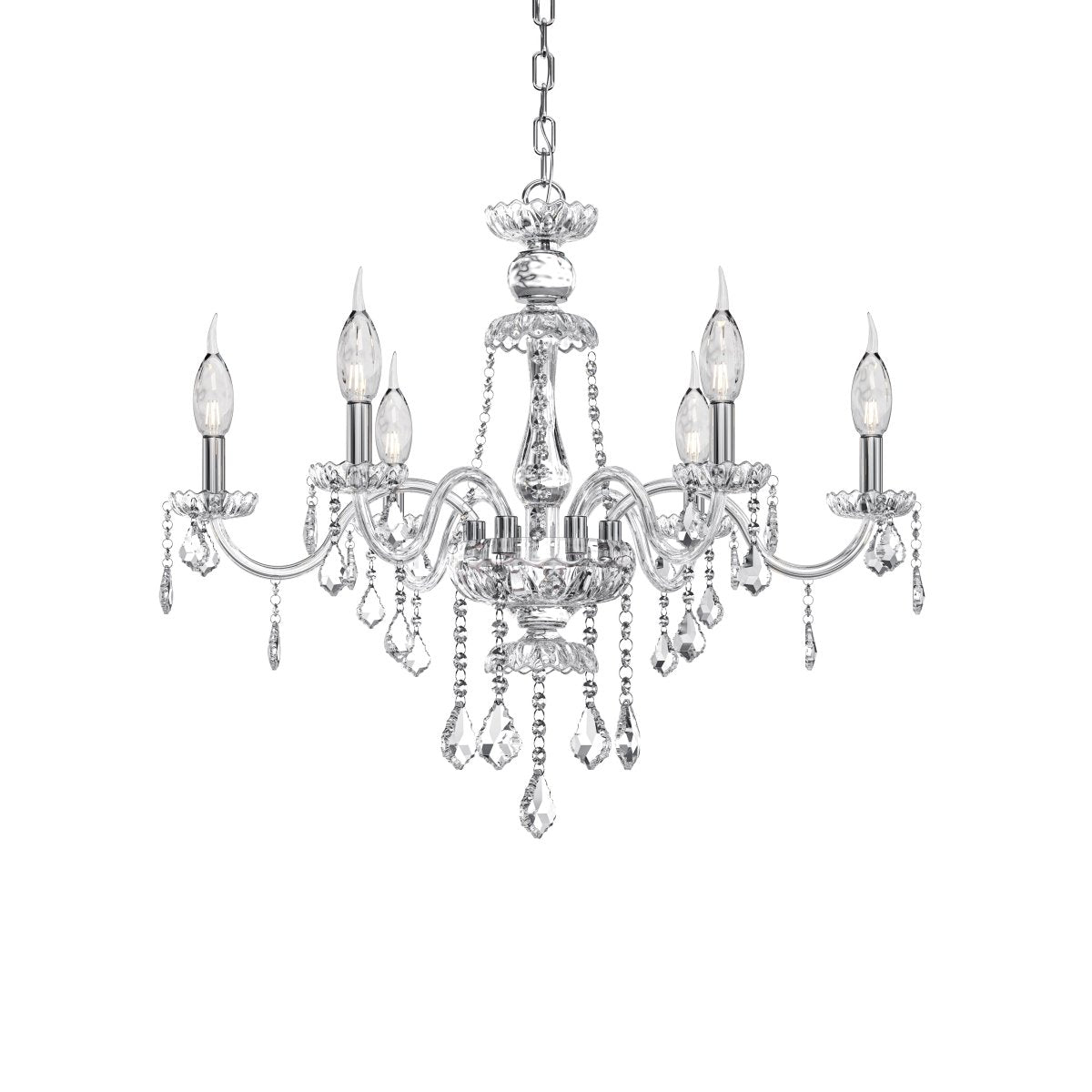 Clérachic six-light silver chandelier with curved glass arms, candle bulbs and crystal drops, shown on a white studio backdrop.