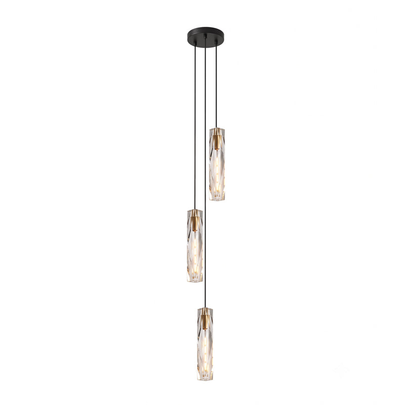 Three Clérachic crystal pendants hung at different heights from one round black ceiling plate, on a white background.