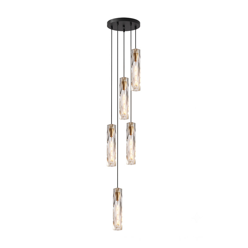 Five Clérachic crystal pendants hung at staggered heights from a single round black ceiling plate, on a white background.