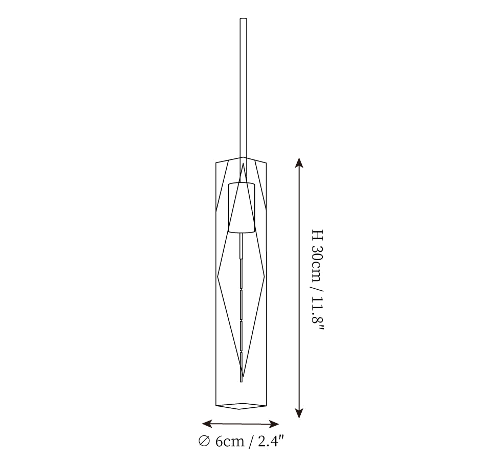 Clérachic pendant light dimension drawing, 1 of 4, every measurement marked in centimetres and inches.