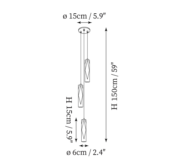 Clérachic pendant light dimension drawing, 2 of 4, every measurement marked in centimetres and inches.