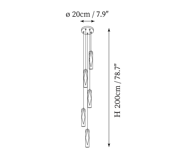 Clérachic pendant light dimension drawing, 3 of 4, every measurement marked in centimetres and inches.