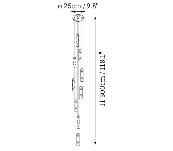 Clérachic pendant light dimension drawing, 4 of 4, every measurement marked in centimetres and inches.