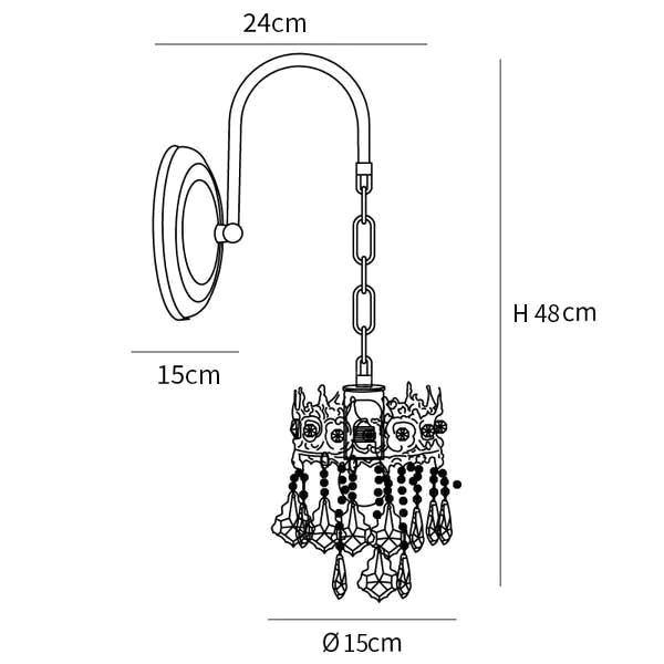Dimension drawing of this Clérachic wall sconce, with its 48 cm height, 24 cm projection and 15 cm width marked.
