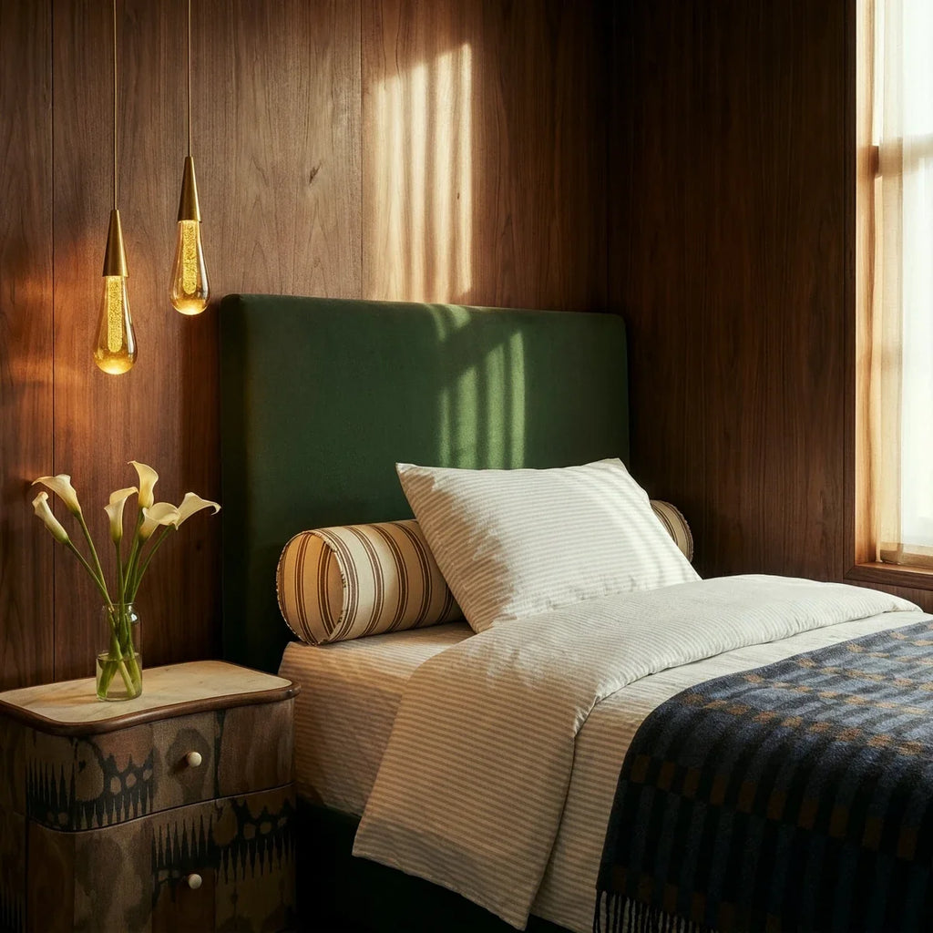 Two lit Clérachic crystal drop pendants glow warm amber beside a walnut-panelled bed with a green upholstered headboard.