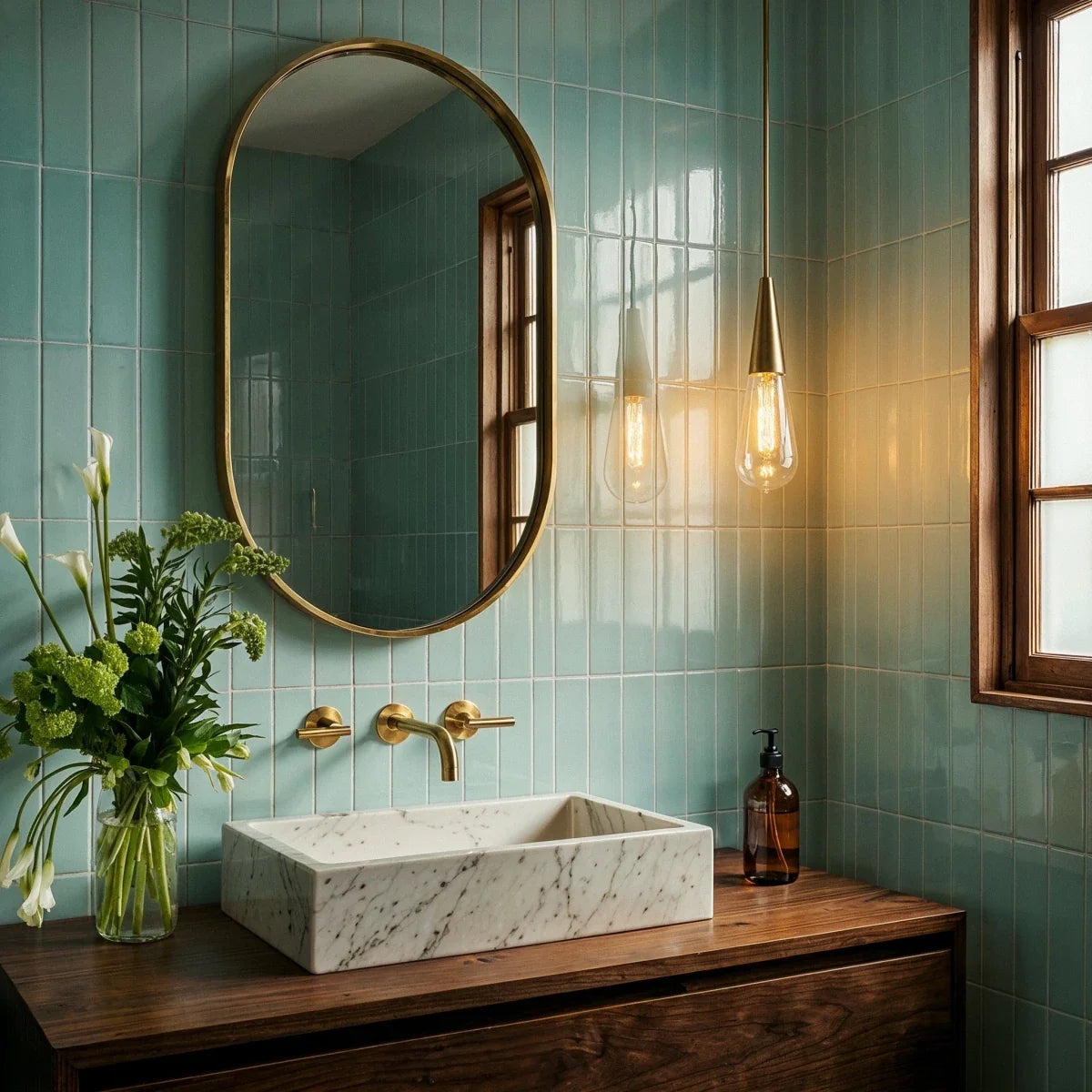 Two Clérachic crystal drop pendants hang at staggered heights beside a marble sink in a teal-tiled bathroom.