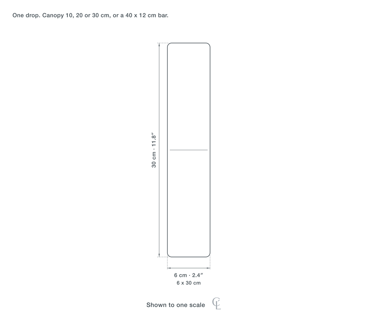 Technical dimension drawing of the Crystal Drop Pendant Light for Dining Table, 6 to 30 cm — 6 × 30 cm (2.4 × 11.8″), drawn to scale.