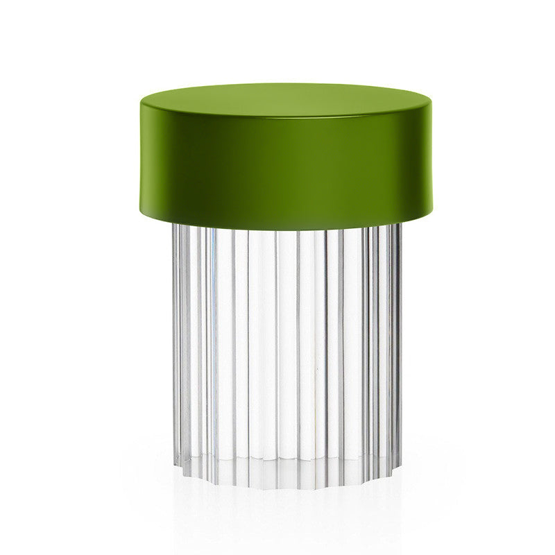 Large view of a fluted-glass Clérachic lamp on white, with a matt olive-green cap and vertical ribs in the clear glass.