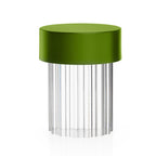 Large view of a fluted-glass Clérachic lamp on white, with a matt olive-green cap and vertical ribs in the clear glass.
