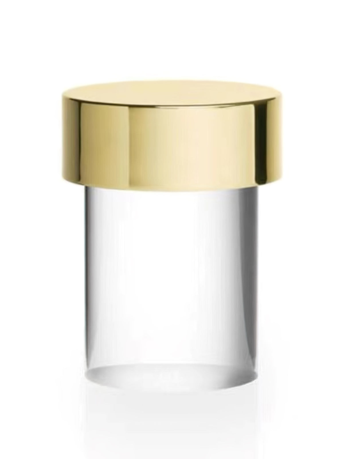 Straight-on view of the gold-capped Clérachic lamp on white, showing the wide metal cap and the plain clear glass below it.