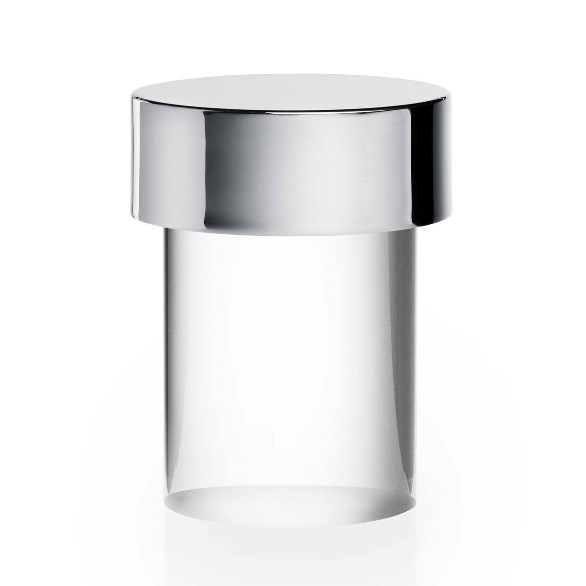 Large view of this Clérachic lamp on white, with a chrome cap over clear smooth glass, and the base faintly lit.