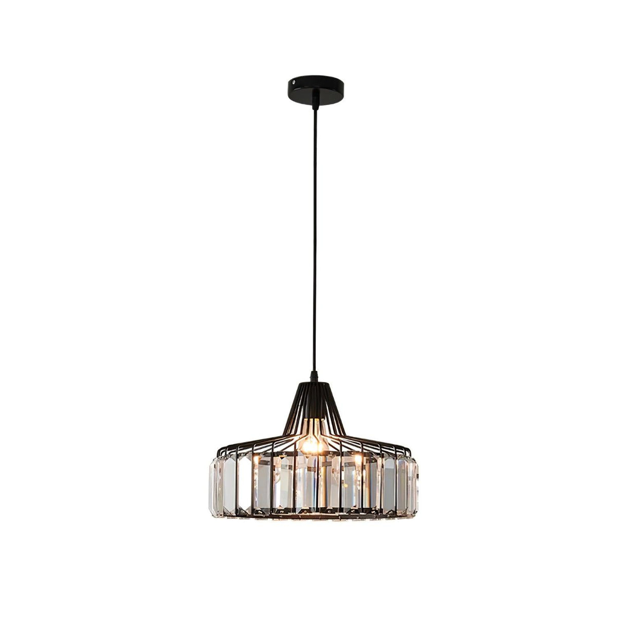 Black Clérachic crystal drum pendant with clear prisms and a black ceiling plate, shown on a plain white backdrop.