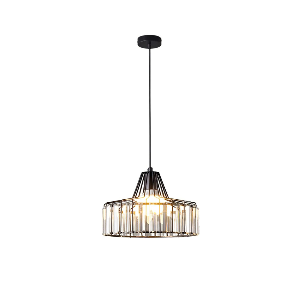 Black crystal drum pendant from Clérachic with a wide metal cage and clear prisms, lit, against a plain white backdrop.