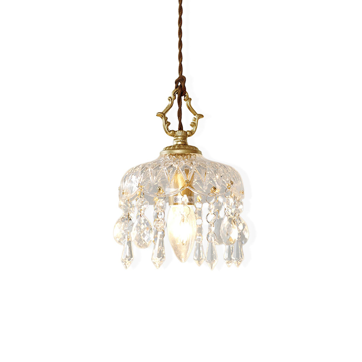 A second plain-white studio view of this Clérachic pendant light, the glass dome, crystal fringe and gold hanger on a twisted cord.