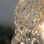 Close view of the cut-glass dome on this Clérachic pendant light, with small gold rosettes and crystal beads on its rim.