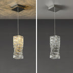 Clérachic crystal pendant light in its tall column size, warm light on the left and the same shade unlit on the right.