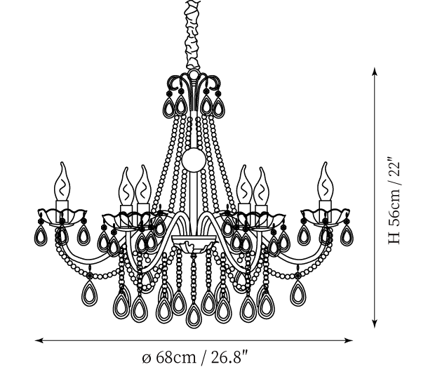 Clérachic pendant light dimension drawing, 1 of 2, every measurement marked in centimetres and inches.