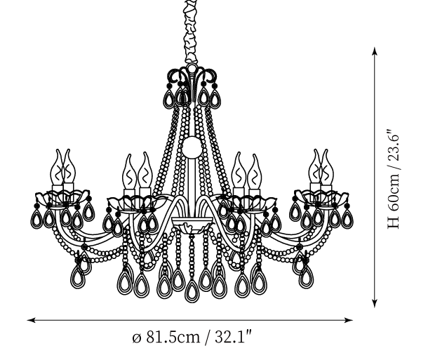 Clérachic pendant light dimension drawing, 2 of 2, every measurement marked in centimetres and inches.