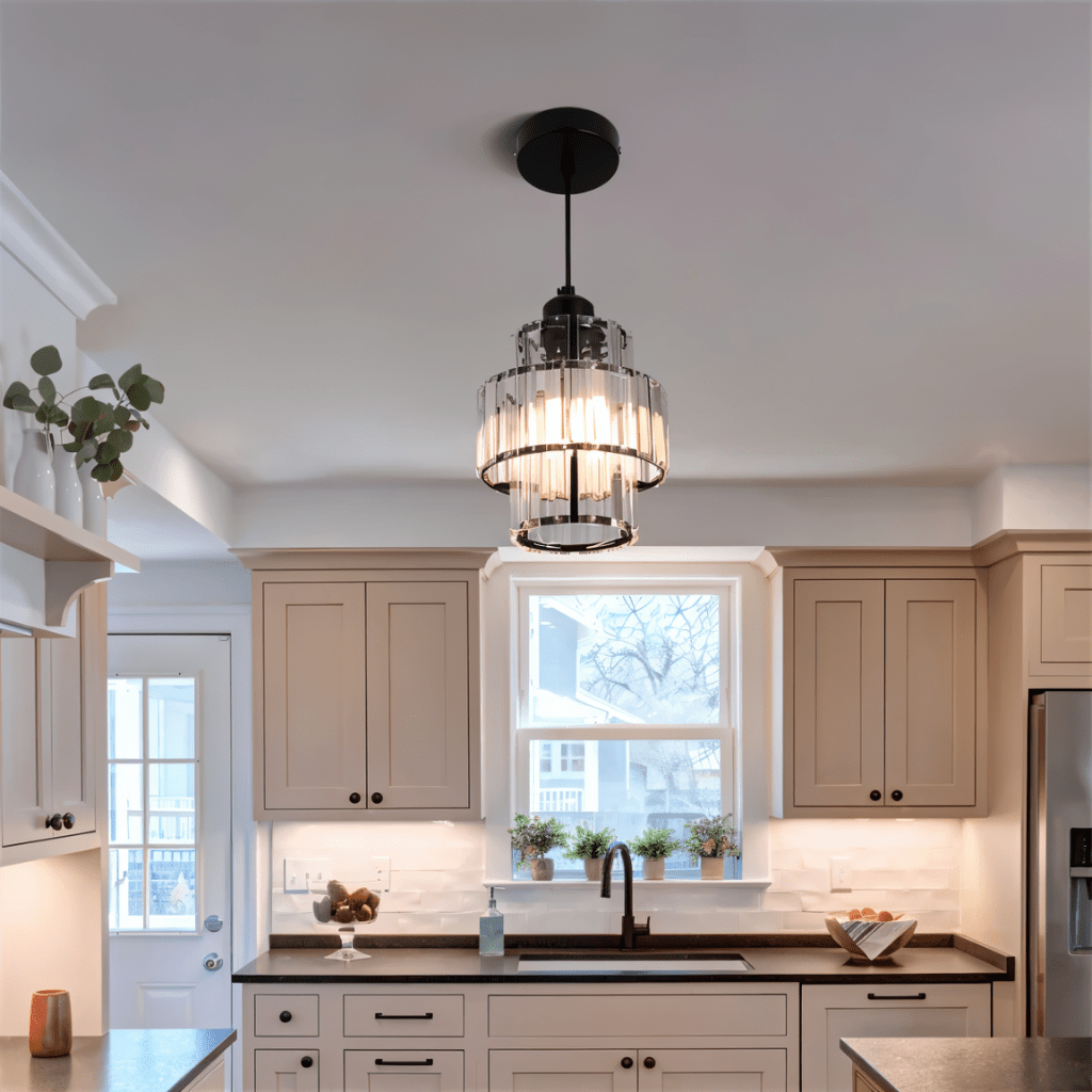 Clérachic black-framed crystal pendant hung over a kitchen sink under a window, with cream shaker cabinets.