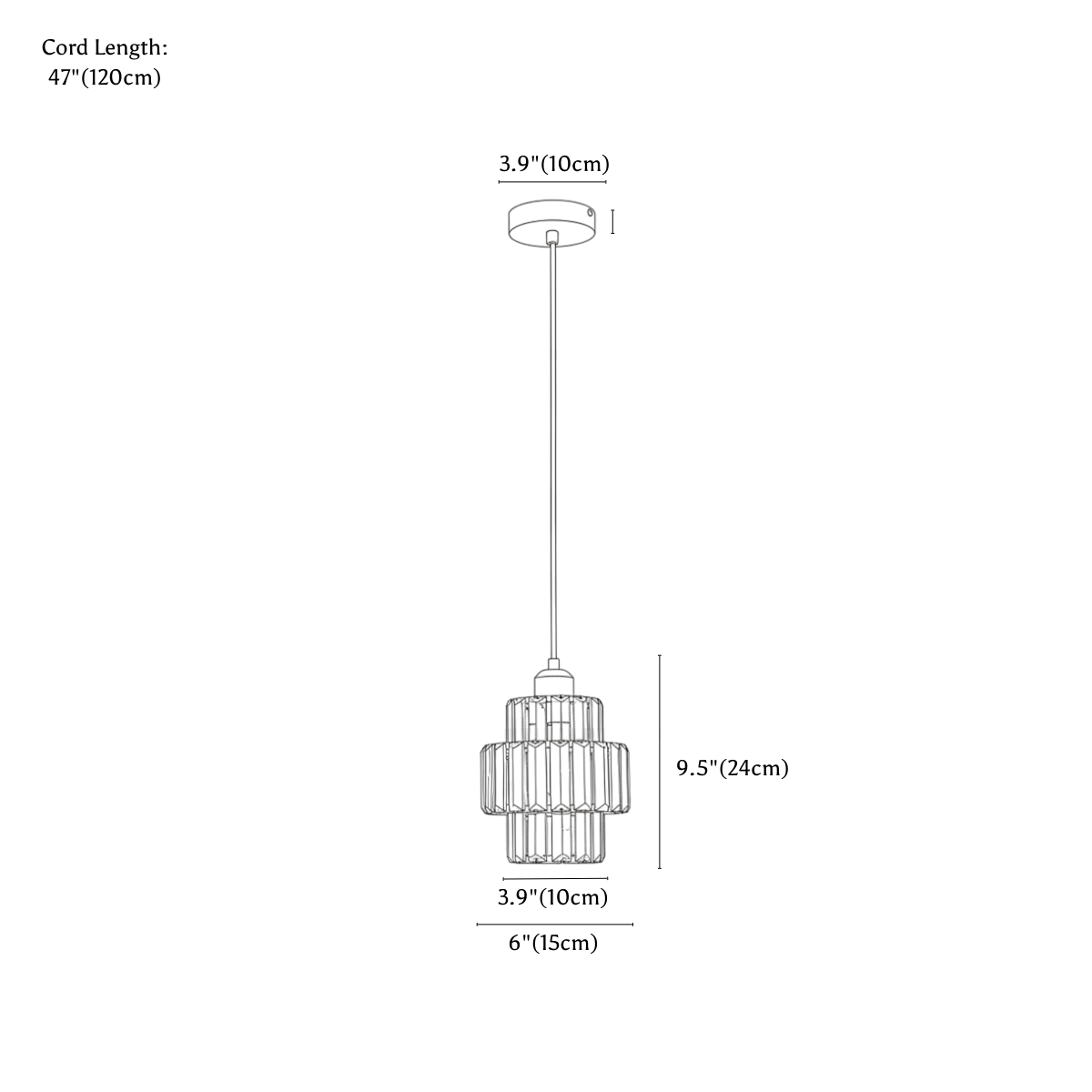 Clérachic pendant light dimension drawing, every measurement marked in centimetres and inches.