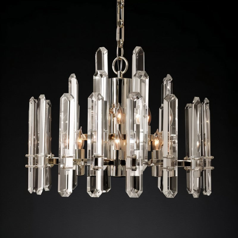 Clérachic round chandelier of faceted clear crystal rods on a polished nickel frame with candle bulbs, on a black ground.