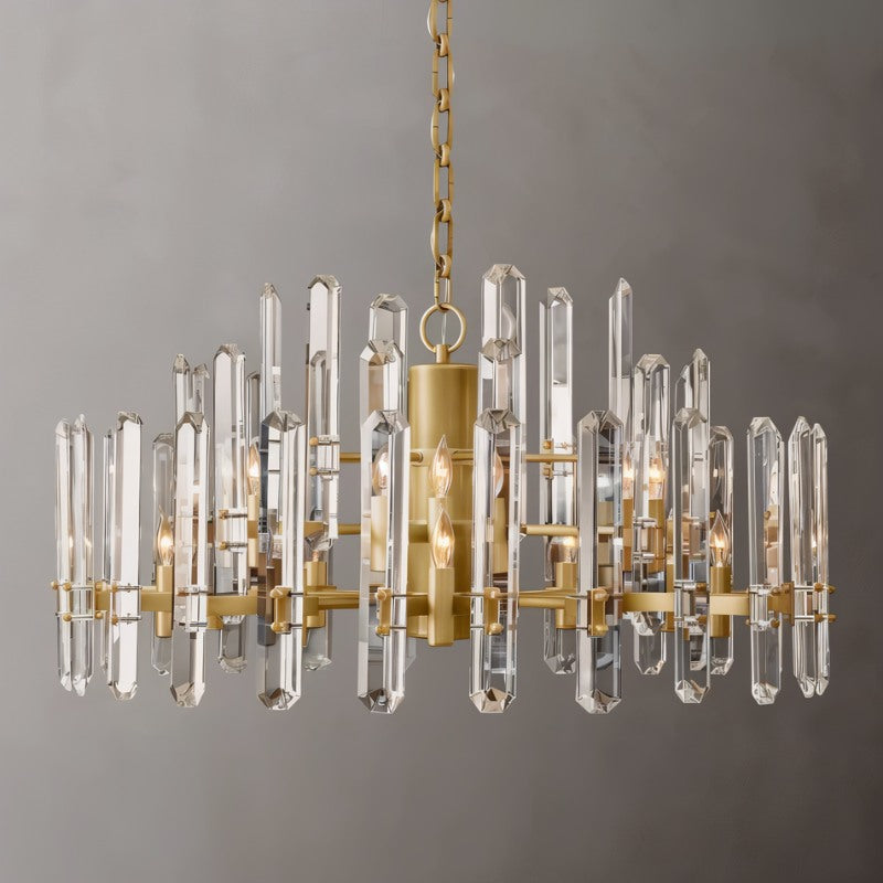 Clérachic wider two-tier chandelier of clear crystal rods on a brass frame, with candle-style bulbs on a grey ground.