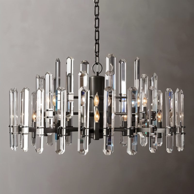 Clérachic wider two-tier chandelier of clear crystal rods on a matte black frame, with candle-style bulbs on a grey ground.